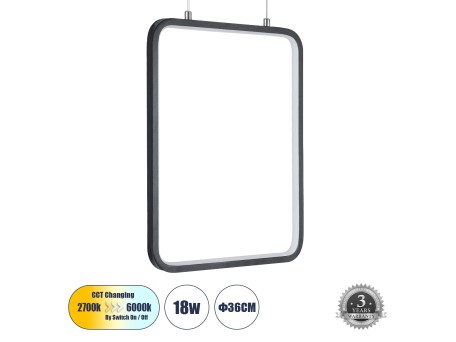GLOBOSTAR® NEROBA 61302 Μοντέρνο Κρεμαστό Φωτιστικό Οροφής LED 18W 1980lm 360° AC 220-240V IP20 Ρυθμιζόμενο Λευκό CCT με On/Off 2700K/4500K/6000K - Lumileds SMD Chip - Μαύρο Ματ - Μ29 x Π2 x Υ36cm - 3 Χρόνια Εγγύηση