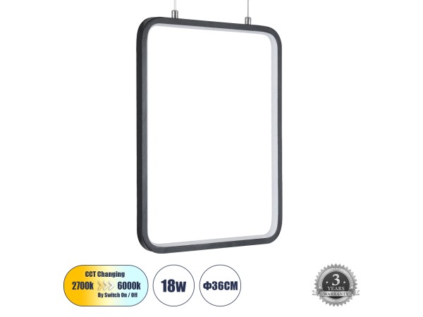 GLOBOSTAR® NEROBA 61302 Μοντέρνο Κρεμαστό Φωτιστικό Οροφής LED 18W 1980lm 360° AC 220-240V IP20 Ρυθμιζόμενο Λευκό CCT με On/Off 2700K/4500K/6000K - Lumileds SMD Chip - Μαύρο Ματ - Μ29 x Π2 x Υ36cm - 3 Χρόνια Εγγύηση