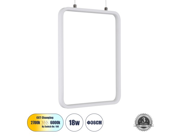 GLOBOSTAR® NEROBA 61303 Μοντέρνο Κρεμαστό Φωτιστικό Οροφής LED 18W 1980lm 360° AC 220-240V IP20 Ρυθμιζόμενο Λευκό CCT με On/Off 2700K/4500K/6000K - Lumileds SMD Chip - Λευκό Ματ - Μ29 x Π2 x Υ36cm - 3 Χρόνια Εγγύηση