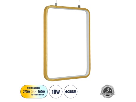 GLOBOSTAR® NEROBA 61305 Μοντέρνο Κρεμαστό Φωτιστικό Οροφής LED 18W 1980lm 360° AC 220-240V IP20 Ρυθμιζόμενο Λευκό CCT με On/Off 2700K/4500K/6000K - Lumileds SMD Chip - Χρυσό Βούρτσας - Μ29 x Π2 x Υ36cm - 3 Χρόνια Εγγύηση