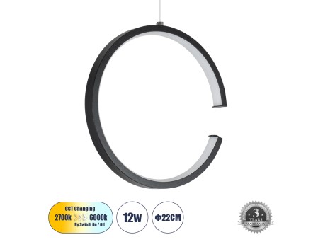 GLOBOSTAR® CEROBA 61306 Μοντέρνο Κρεμαστό Φωτιστικό Οροφής LED 12W 1320lm 360° AC 220-240V IP20 Ρυθμιζόμενο Λευκό CCT με On/Off 2700K/4500K/6000K - Lumileds SMD Chip - Μαύρο - Μ22 x Π2 x Υ22cm - 3 Χρόνια Εγγύηση