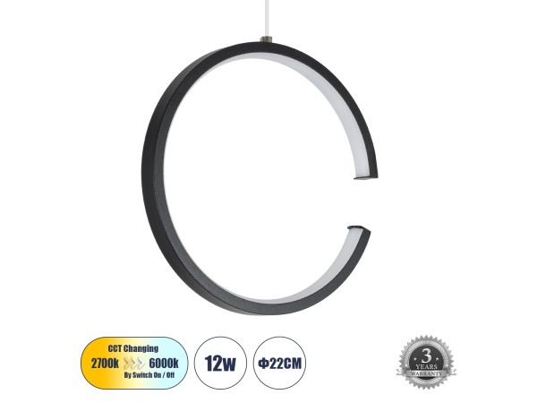 GLOBOSTAR® CEROBA 61306 Μοντέρνο Κρεμαστό Φωτιστικό Οροφής LED 12W 1320lm 360° AC 220-240V IP20 Ρυθμιζόμενο Λευκό CCT με On/Off 2700K/4500K/6000K - Lumileds SMD Chip - Μαύρο - Μ22 x Π2 x Υ22cm - 3 Χρόνια Εγγύηση