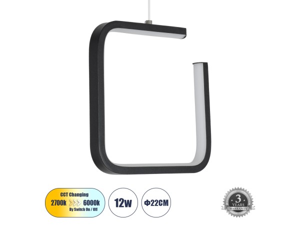 GLOBOSTAR® CEROBA 61308 Μοντέρνο Κρεμαστό Φωτιστικό Οροφής LED 12W 1320lm 360° AC 220-240V IP20 Ρυθμιζόμενο Λευκό CCT με On/Off 2700K/4500K/6000K - Lumileds SMD Chip - Μαύρο Ματ - Μ22 x Π2 x Υ22cm - 3 Χρόνια Εγγύηση
