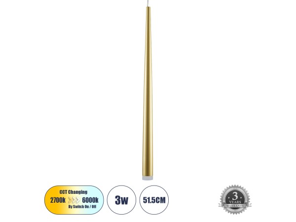 GLOBOSTAR® TEARS 61310 Μοντέρνο Κρεμαστό Φωτιστικό Οροφής LED 3W 330lm 180° AC 220-240V IP20 Ρυθμιζόμενο Λευκό CCT με On/Off 2700K/4500K/6000K - Lumileds SMD Chip - Χρυσό Βούρτσας - Μ3.2 x Π3.2 x Υ51.5cm - 3 Χρόνια Εγγύηση GLOBOSTAR® TEARS 61310 Μοντέρνο Κρεμαστό Φωτιστικό Οροφής LED 3W 330lm 180° AC 220-240V IP20 Ρυθμιζόμενο Λευκό CCT με On/Off 2700K/4500K/6000K - Lumileds SMD Chip - Χρυσό Βούρτσας - Μ3.2 x Π3.2 x Υ51.5cm - 3 Χρόνια Εγγύηση