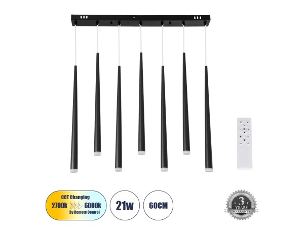 GLOBOSTAR® TEARS 61311 Μοντέρνο Κρεμαστό Φωτιστικό Οροφής LED 21W 2310lm 180° AC 220-240V IP20 Ρυθμιζόμενο Λευκό CCT με Χειριστήριο από 2700K έως 6000K Dimmable - Lumileds SMD Chip - Μαύρο Ματ - Μ70 x Π3.2 x Υ60cm - 3 Χρόνια Εγγύηση