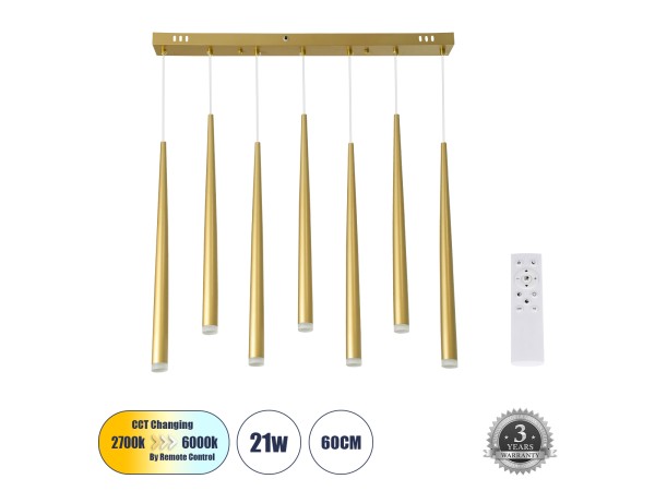 GLOBOSTAR® TEARS 61312 Μοντέρνο Κρεμαστό Φωτιστικό Οροφής LED 21W 2310lm 180° AC 220-240V IP20 Ρυθμιζόμενο Λευκό CCT με Χειριστήριο από 2700K έως 6000K Dimmable - Lumileds SMD Chip - Χρυσό Βούρτσας - Μ70 x Π3.2 x Υ60cm - 3 Χρόνια Εγγύηση