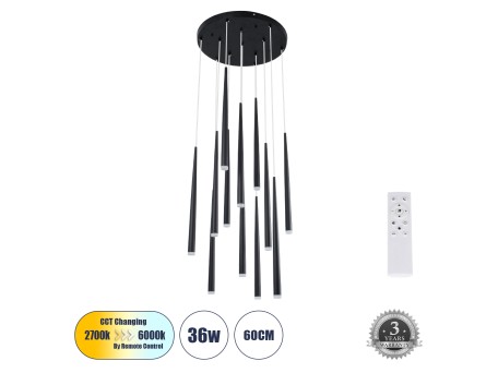GLOBOSTAR® TEARS 61313 Μοντέρνο Κρεμαστό Φωτιστικό Οροφής LED 36W 3960lm 180° AC 220-240V IP20 Ρυθμιζόμενο Λευκό CCT με Χειριστήριο από 2700K έως 6000K Dimmable - Lumileds SMD Chip - Μαύρο - Μ60 x Π60 x Υ51.5cm - 3 Χρόνια Εγγύηση