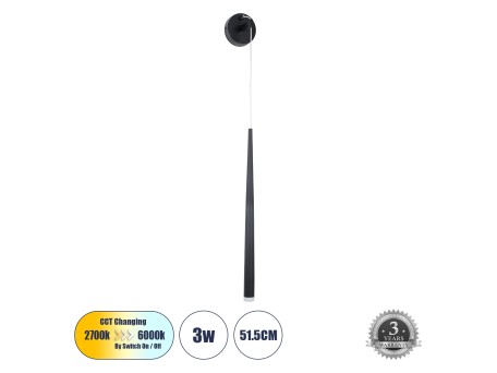 GLOBOSTAR® TEARS 61315 Μοντέρνο Φωτιστικό Τοίχου - Απλίκα LED 3W 330lm 180° AC 220-240V IP20 Ρυθμιζόμενο Λευκό CCT με On/Off 2700K/4500K/6000K - Lumileds SMD Chip - Μαύρο Ματ - Μ3.2 x Π3.2 x Υ51.5cm - 3 Χρόνια Εγγύηση