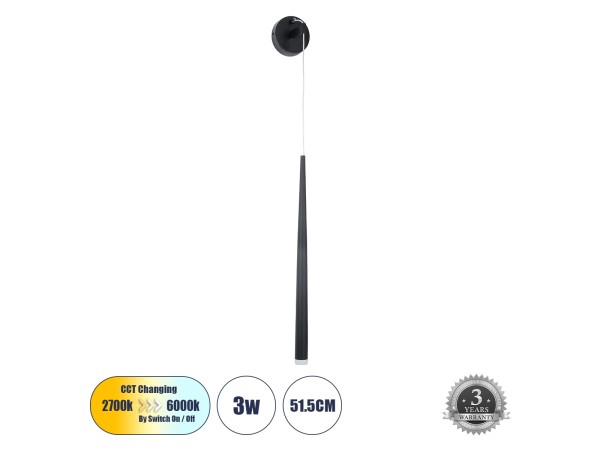GLOBOSTAR® TEARS 61315 Μοντέρνο Φωτιστικό Τοίχου - Απλίκα LED 3W 330lm 180° AC 220-240V IP20 Ρυθμιζόμενο Λευκό CCT με On/Off 2700K/4500K/6000K - Lumileds SMD Chip - Μαύρο Ματ - Μ3.2 x Π3.2 x Υ51.5cm - 3 Χρόνια Εγγύηση