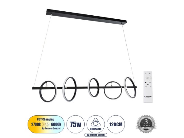 GLOBOSTAR® CIRCOLARE 61319 Μοντέρνο Κρεμαστό Φωτιστικό Οροφής LED 75W 8400lm 360° AC 220-240V IP20 Ρυθμιζόμενο Λευκό CCT με Χειριστήριο από 2700K έως 6000K Dimmable - Lumileds SMD Chip - Μαύρο Ματ - Μ120 x Π25 x Υ25cm - 3 Χρόνια Εγγύηση GLOBOSTAR® CIRCOLARE 61319 Μοντέρνο Κρεμαστό Φωτιστικό Οροφής LED 75W 8400lm 360° AC 220-240V IP20 Ρυθμιζόμενο Λευκό CCT με Χειριστήριο από 2700K έως 6000K Dimmable - Lumileds SMD Chip - Μαύρο Ματ - Μ120 x Π25 x Υ25cm - 3 Χρόνια Εγγύηση