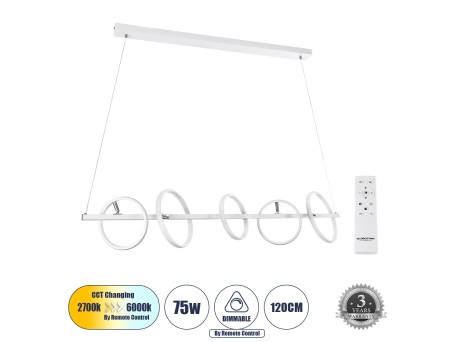 GLOBOSTAR® CIRCOLARE 61320 Μοντέρνο Κρεμαστό Φωτιστικό Οροφής LED 75W 8400lm 360° AC 220-240V IP20 Ρυθμιζόμενο Λευκό CCT με Χειριστήριο από 2700K έως 6000K Dimmable - Lumileds SMD Chip - Λευκό Ματ - Μ120 x Π25 x Υ25cm - 3 Χρόνια Εγγύηση