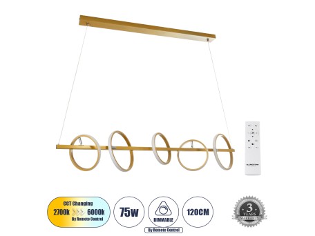 GLOBOSTAR® CIRCOLARE 61322 Μοντέρνο Κρεμαστό Φωτιστικό Οροφής LED 75W 8400lm 360° AC 220-240V IP20 Ρυθμιζόμενο Λευκό CCT με Χειριστήριο από 2700K έως 6000K Dimmable - Lumileds SMD Chip - Χρυσό - Μ120 x Π25 x Υ25cm - 3 Χρόνια Εγγύηση