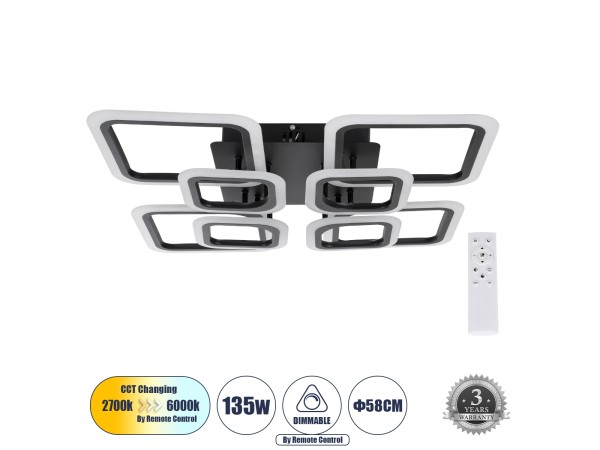 GLOBOSTAR® ROYAL-S 61325 Μοντέρνο Φωτιστικό Οροφής LED 135W 16200lm 360° AC 220-240V IP20 Ρυθμιζόμενο Λευκό CCT με Χειριστήριο από 2700K έως 6000K Dimmable - Lumileds SMD Chip - Μαύρο Ματ - Μ58.5 x Π58.5 x Υ12cm - 3 Χρόνια Εγγύηση