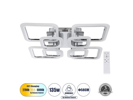 GLOBOSTAR® ROYAL-S 61326 Μοντέρνο Φωτιστικό Οροφής LED 135W 16200lm 360° AC 220-240V IP20 Ρυθμιζόμενο Λευκό CCT με Χειριστήριο από 2700K έως 6000K Dimmable - Lumileds SMD Chip - Ασημί Νίκελ - Μ58.5 x Π58.5 x Υ12cm - 3 Χρόνια Εγγύηση