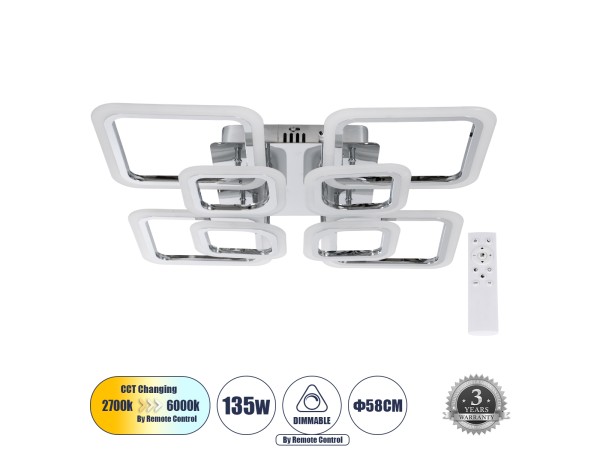 GLOBOSTAR® ROYAL-S 61326 Μοντέρνο Φωτιστικό Οροφής LED 135W 16200lm 360° AC 220-240V IP20 Ρυθμιζόμενο Λευκό CCT με Χειριστήριο από 2700K έως 6000K Dimmable - Lumileds SMD Chip - Ασημί Νίκελ - Μ58.5 x Π58.5 x Υ12cm - 3 Χρόνια Εγγύηση