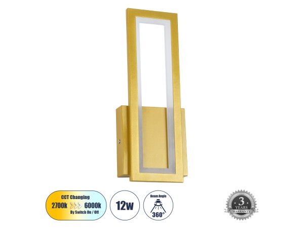 GLOBOSTAR® TIARA 61328 Μοντέρνο Φωτιστικό Τοίχου - Απλίκα LED 12W 1440lm 300° AC 220-240V IP20 Ρυθμιζόμενο Λευκό CCT με On/Off 2700K/4500K/6000K - Lumileds SMD Chip - Χρυσό Βούρτσας - Μ12.5 x Π4 x Υ32cm - 3 Χρόνια Εγγύηση