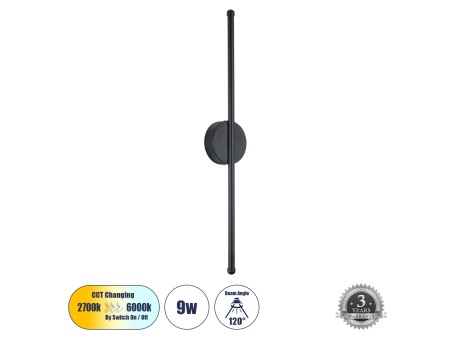 GLOBOSTAR® DIADEM 61329 Μοντέρνο Φωτιστικό Τοίχου - Απλίκα LED 9W 1080lm 120° AC 220-240V IP20 Ρυθμιζόμενο Λευκό CCT με On/Off 2700K/4500K/6000K - Lumileds SMD Chip - Μαύρο Ματ - Μ10 x Π4 x Υ60cm - 3 Χρόνια Εγγύηση