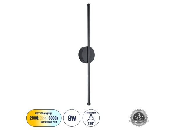 GLOBOSTAR® DIADEM 61329 Μοντέρνο Φωτιστικό Τοίχου - Απλίκα LED 9W 1080lm 120° AC 220-240V IP20 Ρυθμιζόμενο Λευκό CCT με On/Off 2700K/4500K/6000K - Lumileds SMD Chip - Μαύρο Ματ - Μ10 x Π4 x Υ60cm - 3 Χρόνια Εγγύηση