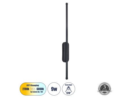 GLOBOSTAR® HARLEM 61331 Μοντέρνο Φωτιστικό Τοίχου - Απλίκα LED 9W 1080lm 120° AC 220-240V IP20 Ρυθμιζόμενο Λευκό CCT με On/Off 2700K/4500K/6000K - Lumileds SMD Chip - Μαύρο Ματ - Μ5 x Π4 x Υ60cm - 3 Χρόνια Εγγύηση