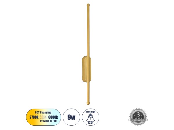 GLOBOSTAR® HARLEM 61332 Μοντέρνο Φωτιστικό Τοίχου - Απλίκα LED 9W 1080lm 120° AC 220-240V IP20 Ρυθμιζόμενο Λευκό CCT με On/Off 2700K/4500K/6000K - Lumileds SMD Chip - Χρυσό Βούρτσας - Μ5 x Π4 x Υ60cm - 3 Χρόνια Εγγύηση GLOBOSTAR® HARLEM 61332 Μοντέρνο Φωτιστικό Τοίχου - Απλίκα LED 9W 1080lm 120° AC 220-240V IP20 Ρυθμιζόμενο Λευκό CCT με On/Off 2700K/4500K/6000K - Lumileds SMD Chip - Χρυσό Βούρτσας - Μ5 x Π4 x Υ60cm - 3 Χρόνια Εγγύηση