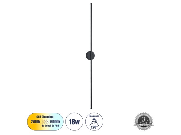 GLOBOSTAR® DIADEM 61333 Μοντέρνο Φωτιστικό Τοίχου - Απλίκα LED 18W 2160lm 120° AC 220-240V IP20 Ρυθμιζόμενο Λευκό CCT με On/Off 2700K/4500K/6000K - Lumileds SMD Chip - Μαύρο Ματ - Μ10 x Π4 x Υ120cm - 3 Χρόνια Εγγύηση