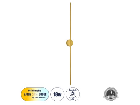 GLOBOSTAR® DIADEM 61334 Μοντέρνο Φωτιστικό Τοίχου - Απλίκα LED 18W 2160lm 120° AC 220-240V IP20 Ρυθμιζόμενο Λευκό CCT με On/Off 2700K/4500K/6000K - Lumileds SMD Chip - Χρυσό Βούρτσας - Μ10 x Π4 x Υ120cm - 3 Χρόνια Εγγύηση