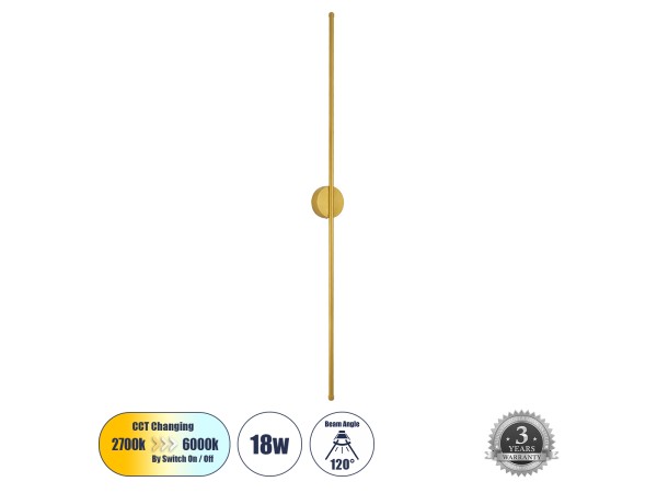 GLOBOSTAR® DIADEM 61334 Μοντέρνο Φωτιστικό Τοίχου - Απλίκα LED 18W 2160lm 120° AC 220-240V IP20 Ρυθμιζόμενο Λευκό CCT με On/Off 2700K/4500K/6000K - Lumileds SMD Chip - Χρυσό Βούρτσας - Μ10 x Π4 x Υ120cm - 3 Χρόνια Εγγύηση GLOBOSTAR® DIADEM 61334 Μοντέρνο Φωτιστικό Τοίχου - Απλίκα LED 18W 2160lm 120° AC 220-240V IP20 Ρυθμιζόμενο Λευκό CCT με On/Off 2700K/4500K/6000K - Lumileds SMD Chip - Χρυσό Βούρτσας - Μ10 x Π4 x Υ120cm - 3 Χρόνια Εγγύηση