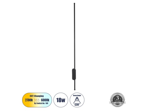 GLOBOSTAR® HARLEM 61335 Μοντέρνο Φωτιστικό Τοίχου - Απλίκα LED 18W 2160lm 120° AC 220-240V IP20 Ρυθμιζόμενο Λευκό CCT με On/Off 2700K/4500K/6000K - Lumileds SMD Chip - Μαύρο Ματ - Μ5 x Π4 x Υ120cm - 3 Χρόνια Εγγύηση