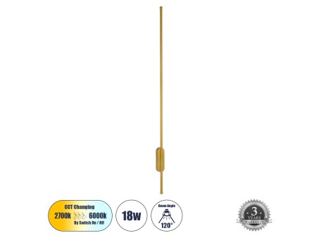 GLOBOSTAR® HARLEM 61336 Μοντέρνο Φωτιστικό Τοίχου - Απλίκα LED 18W 2160lm 120° AC 220-240V IP20 Ρυθμιζόμενο Λευκό CCT με On/Off 2700K/4500K/6000K - Lumileds SMD Chip - Χρυσό Βούρτσας - Μ5 x Π4 x Υ120cm - 3 Χρόνια Εγγύηση