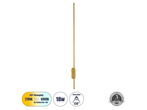 GLOBOSTAR® HARLEM 61336 Μοντέρνο Φωτιστικό Τοίχου - Απλίκα LED 18W 2160lm 120° AC 220-240V IP20 Ρυθμιζόμενο Λευκό CCT με On/Off 2700K/4500K/6000K - Lumileds SMD Chip - Χρυσό Βούρτσας - Μ5 x Π4 x Υ120cm - 3 Χρόνια Εγγύηση
