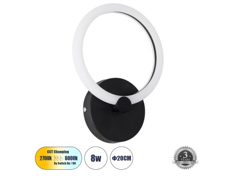 GLOBOSTAR® MATILDA 61339 Μοντέρνο Φωτιστικό Τοίχου - Απλίκα LED 8W 960lm 360° AC 220-240V IP20 Ρυθμιζόμενο Λευκό CCT με On/Off 2700K/4500K/6000K - Lumileds SMD Chip - Μαύρο Ματ - Μ20 x Π5 x Υ25.5cm - 3 Χρόνια Εγγύηση