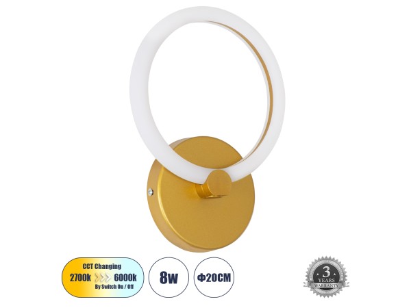 GLOBOSTAR® MATILDA 61340 Μοντέρνο Φωτιστικό Τοίχου - Απλίκα LED 8W 960lm 360° AC 220-240V IP20 Ρυθμιζόμενο Λευκό CCT με On/Off 2700K/4500K/6000K - Lumileds SMD Chip - Χρυσό - Μ20 x Π5 x Υ25.5cm - 3 Χρόνια Εγγύηση