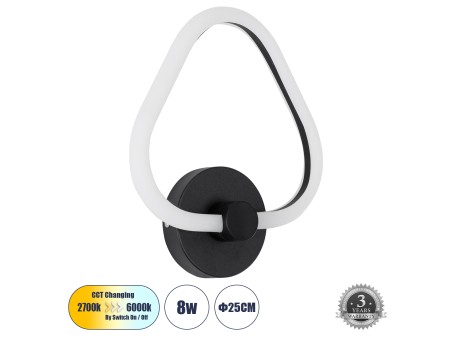 GLOBOSTAR® REGINA 61341 Μοντέρνο Φωτιστικό Τοίχου - Απλίκα LED 8W 960lm 360° AC 220-240V IP20 Ρυθμιζόμενο Λευκό CCT με On/Off 2700K/4500K/6000K - Lumileds SMD Chip - Μαύρο Ματ - Μ25 x Π7 x Υ28.5cm - 3 Χρόνια Εγγύηση