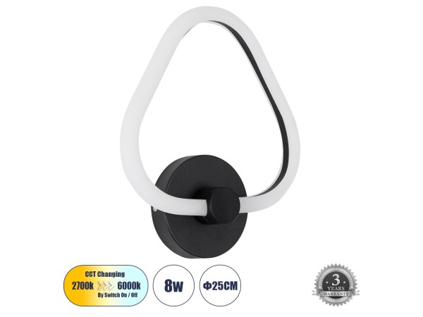 GLOBOSTAR® REGINA 61341 Μοντέρνο Φωτιστικό Τοίχου - Απλίκα LED 8W 960lm 360° AC 220-240V IP20 Ρυθμιζόμενο Λευκό CCT με On/Off 2700K/4500K/6000K - Lumileds SMD Chip - Μαύρο Ματ - Μ25 x Π7 x Υ28.5cm - 3 Χρόνια Εγγύηση