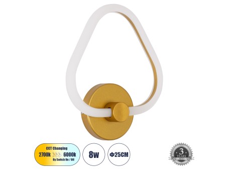GLOBOSTAR® REGINA 61342 Μοντέρνο Φωτιστικό Τοίχου - Απλίκα LED 8W 960lm 360° AC 220-240V IP20 Ρυθμιζόμενο Λευκό CCT με On/Off 2700K/4500K/6000K - Lumileds SMD Chip - Χρυσό - Μ25 x Π7 x Υ28.5cm - 3 Χρόνια Εγγύηση