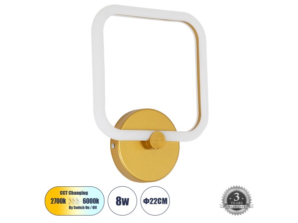 GLOBOSTAR® ELIZA 61344 Μοντέρνο Φωτιστικό Τοίχου - Απλίκα LED 8W 960lm 360° AC 220-240V IP20 Ρυθμιζόμενο Λευκό CCT με On/Off 2700K/4500K/6000K - Lumileds SMD Chip - Χρυσό - Μ22 x Π5 x Υ28.5cm - 3 Χρόνια Εγγύηση