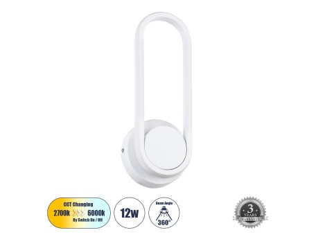 GLOBOSTAR® DALLAS 61346 Μοντέρνο Φωτιστικό Τοίχου - Απλίκα LED 12W 1440lm 360° AC 220-240V IP20 Ρυθμιζόμενο Λευκό CCT με On/Off 2700K/4500K/6000K - Lumileds SMD Chip - Λευκό Ματ - Μ12 x Π6.5 x Υ32cm - 3 Χρόνια Εγγύηση