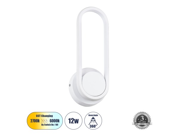 GLOBOSTAR® DALLAS 61346 Μοντέρνο Φωτιστικό Τοίχου - Απλίκα LED 12W 1440lm 360° AC 220-240V IP20 Ρυθμιζόμενο Λευκό CCT με On/Off 2700K/4500K/6000K - Lumileds SMD Chip - Λευκό Ματ - Μ12 x Π6.5 x Υ32cm - 3 Χρόνια Εγγύηση