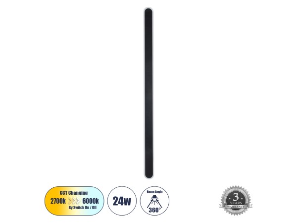 GLOBOSTAR® HOUSTON 61349 Μοντέρνο Φωτιστικό Τοίχου - Απλίκα LED 24W 2880lm 360° AC 220-240V IP20 Ρυθμιζόμενο Λευκό CCT με On/Off 2700K/4500K/6000K - Lumileds SMD Chip - Μαύρο Ματ - Μ6 x Π3 x Υ100cm - 3 Χρόνια Εγγύηση