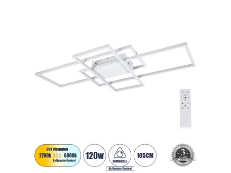 GLOBOSTAR® QUADRA 61389 Μοντέρνο Φωτιστικό Οροφής LED 120W 14400lm 120° AC 220-240V IP20 Ρυθμιζόμενο Λευκό CCT με Χειριστήριο από 2700K έως 6000K Dimmable - Lumileds SMD Chip - Λευκό Ματ - Μ105 x Π60 x Υ9cm - 3 Χρόνια Εγγύηση