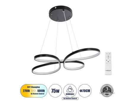 GLOBOSTAR® BUTTERFLY 61391 Μοντέρνο Κρεμαστό Φωτιστικό Οροφής LED 75W 8400lm 300° AC 220-240V IP20 Ρυθμιζόμενο Λευκό CCT με Χειριστήριο από 2700K έως 6000K Dimmable - Lumileds SMD Chip - Μαύρο Ματ - Μ70 x Π55 x Υ4cm - 3 Χρόνια Εγγύηση