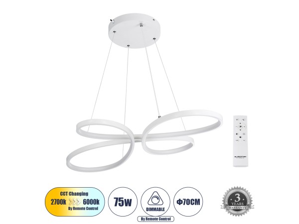 GLOBOSTAR® BUTTERFLY 61392 Μοντέρνο Κρεμαστό Φωτιστικό Οροφής LED 75W 8400lm 300° AC 220-240V IP20 Ρυθμιζόμενο Λευκό CCT με Χειριστήριο από 2700K έως 6000K Dimmable - Lumileds SMD Chip - Λευκό Ματ - Μ70 x Π55 x Υ4cm - 3 Χρόνια Εγγύηση