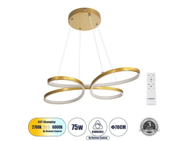 GLOBOSTAR® BUTTERFLY 61393 Μοντέρνο Κρεμαστό Φωτιστικό Οροφής LED 75W 8400lm 300° AC 220-240V IP20 Ρυθμιζόμενο Λευκό CCT με Χειριστήριο από 2700K έως 6000K Dimmable - Lumileds SMD Chip - Χρυσό Βούρτσας - Μ70 x Π55 x Υ4cm - 3 Χρόνια Εγγύηση GLOBOSTAR® BUTTERFLY 61393 Μοντέρνο Κρεμαστό Φωτιστικό Οροφής LED 75W 8400lm 300° AC 220-240V IP20 Ρυθμιζόμενο Λευκό CCT με Χειριστήριο από 2700K έως 6000K Dimmable - Lumileds SMD Chip - Χρυσό Βούρτσας - Μ70 x Π55 x Υ4cm - 3 Χρόνια Εγγύηση