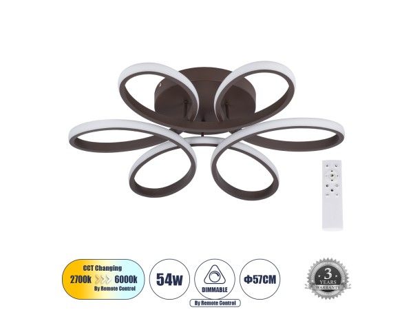 GLOBOSTAR® MARGARET 61402 Μοντέρνο Φωτιστικό Οροφής LED 54W 6210lm 360° AC 220-240V IP20 Ρυθμιζόμενο Λευκό CCT με Χειριστήριο από 2700K έως 6000K Dimmable - Lumileds SMD Chip - Καφέ Ματ - Μ57 x Π57 x Υ12cm - 3 Χρόνια Εγγύηση