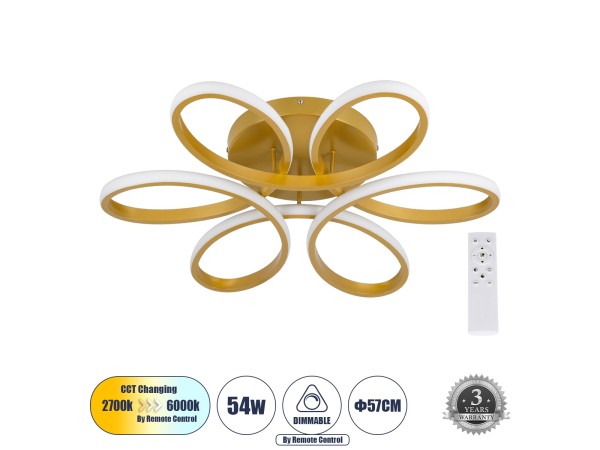 GLOBOSTAR® MARGARET 61403 Μοντέρνο Φωτιστικό Οροφής LED 54W 6210lm 360° AC 220-240V IP20 Ρυθμιζόμενο Λευκό CCT με Χειριστήριο από 2700K έως 6000K Dimmable - Lumileds SMD Chip - Χρυσό Βούρτσας - Μ57 x Π57 x Υ12cm - 3 Χρόνια Εγγύηση