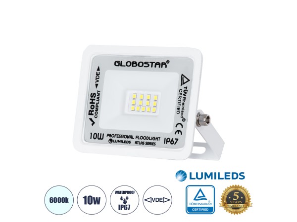 GLOBOSTAR® ATLAS 61404 Προβολέας LED 10W 1250lm 120° AC 220-240V Αδιάβροχο IP67 Ψυχρό Λευκό 6000K - Lumileds SMD Chip - TÜV Rheinland Certified - Λευκό Ματ - Μ10 x Π2 x Υ8cm - 5 Χρόνια Εγγύηση GLOBOSTAR® ATLAS 61404 Προβολέας LED 10W 1250lm 120° AC 220-240V Αδιάβροχο IP67 Ψυχρό Λευκό 6000K - Lumileds SMD Chip - TÜV Rheinland Certified - Λευκό Ματ - Μ10 x Π2 x Υ8cm - 5 Χρόνια Εγγύηση