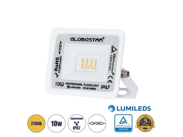 GLOBOSTAR® ATLAS 61406 Προβολέας LED 10W 1150lm 120° AC 220-240V Αδιάβροχο IP67 Θερμό Λευκό 2700K - Lumileds SMD Chip - TÜV Rheinland Certified - Λευκό Ματ - Μ10 x Π2 x Υ8cm - 5 Χρόνια Εγγύηση