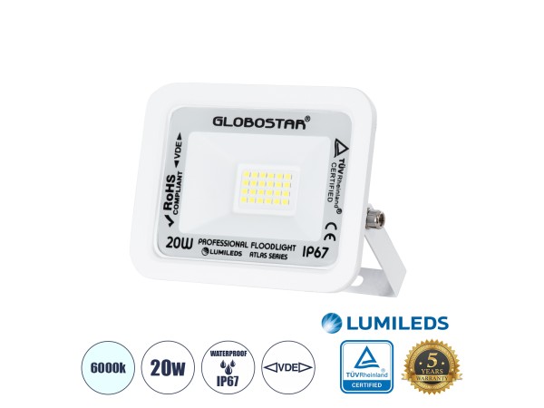 GLOBOSTAR® ATLAS 61407 Προβολέας LED 20W 2500lm 120° AC 220-240V Αδιάβροχο IP67 Ψυχρό Λευκό 6000K - Lumileds SMD Chip - TÜV Rheinland Certified - Λευκό Ματ - Μ12 x Π2.5 x Υ9.5cm - 5 Χρόνια Εγγύηση