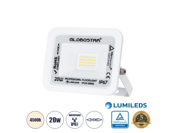 GLOBOSTAR® ATLAS 61408 Προβολέας LED 20W 2400lm 120° AC 220-240V Αδιάβροχο IP67 Φυσικό Λευκό 4500K - Lumileds SMD Chip - TÜV Rheinland Certified - Λευκό Ματ - Μ12 x Π2.5 x Υ9.5cm - 5 Χρόνια Εγγύηση