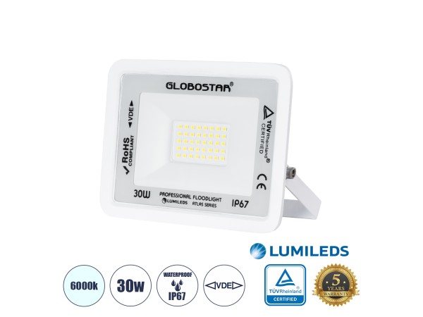 GLOBOSTAR® ATLAS 61413 Προβολέας LED 30W 3750lm 120° AC 220-240V Αδιάβροχο IP67 Ψυχρό Λευκό 6000K - Lumileds SMD Chip - TÜV Rheinland Certified - Λευκό Ματ - Μ16 x Π2.5 x Υ12.5cm - 5 Χρόνια Εγγύηση